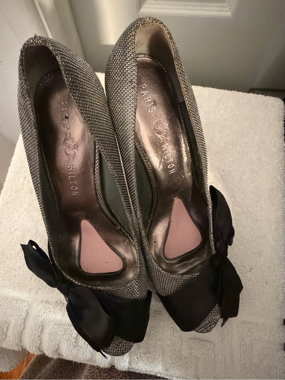 Paris Hilton Metallic Bronze Pointed-Toe Pumps with Black Bow